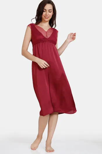 Buy Zivame Paradise Garden Woven Mid Length Nightdress - Beet Red